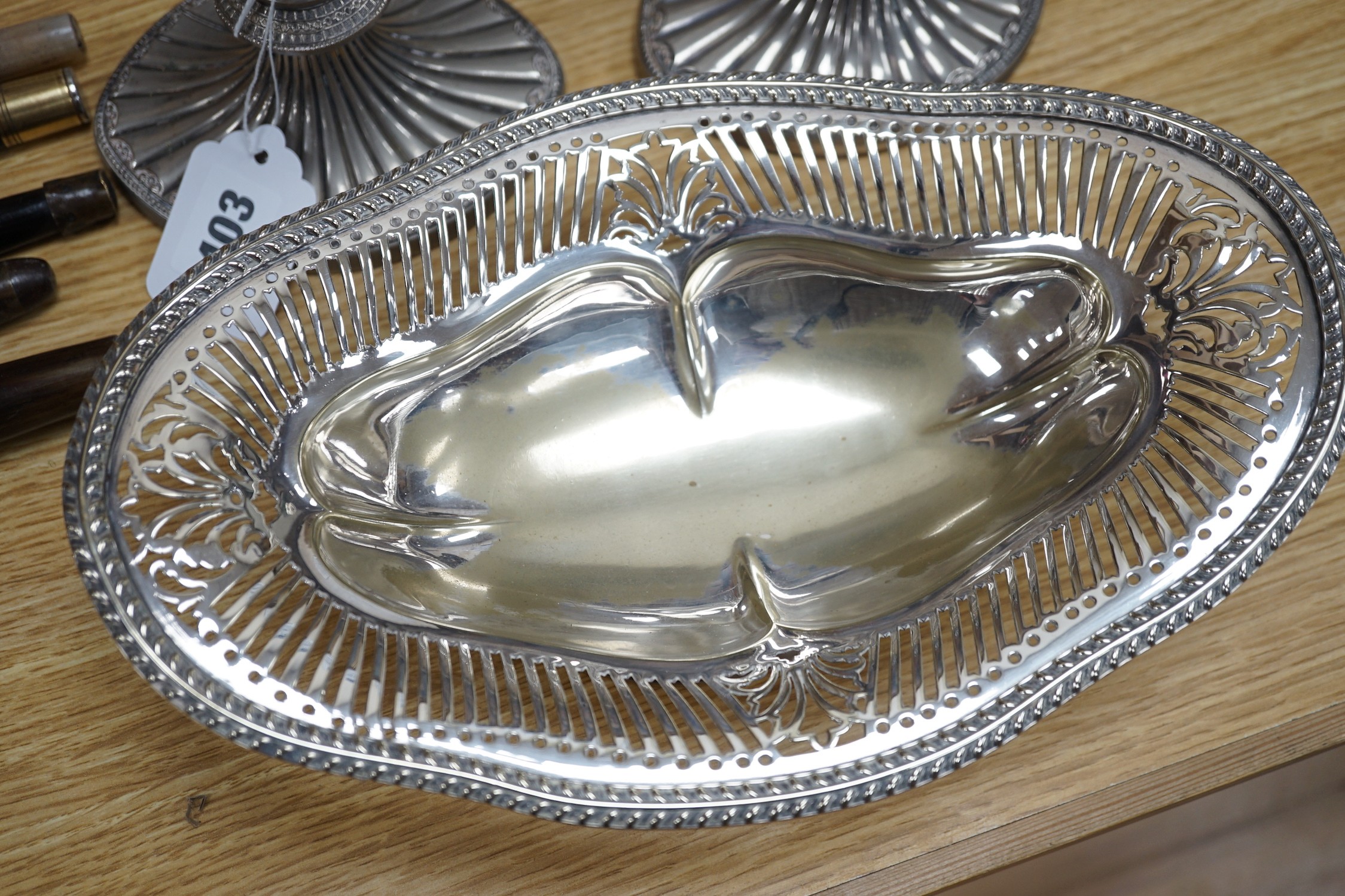 A pair of Doulton cut glass vases and a bowl plus a pair of silver plated candlesticks and a dish, vases 25cms high